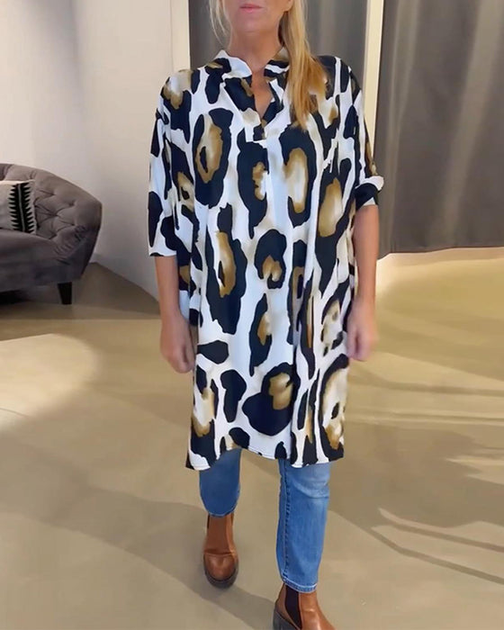 Stand-Up Collar Short-Sleeved Leopard Print Dress