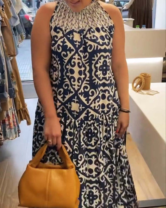 Sleeveless Crew Neck Shirred Full Skirt Dress