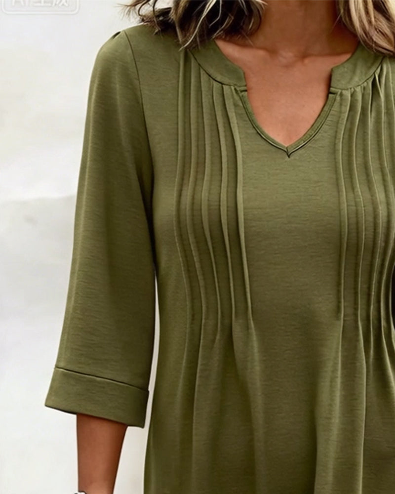 Half-Sleeve Pleated A-Hem V-Neck Dress