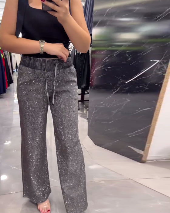 Casual solid color pocket elastic waist pants