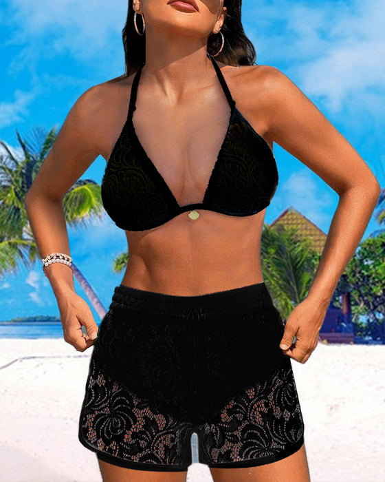 Solid color lace halter bikini