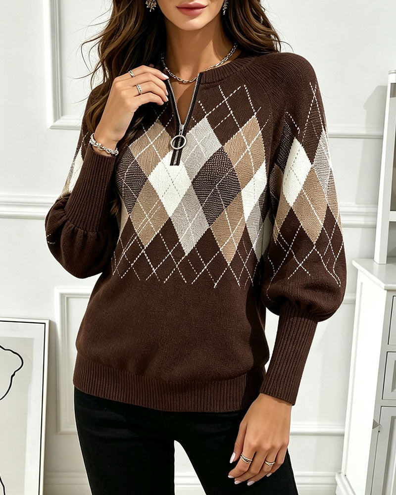 Plaid Jacquard Half-Zip Lantern Sleeve Pullover