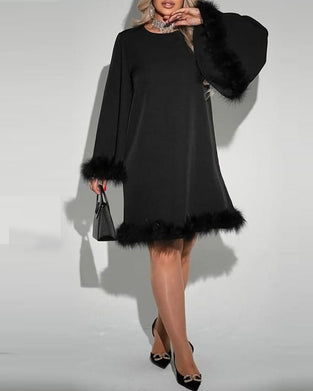 Bell Sleeve Fur Patchwork Loose Dress