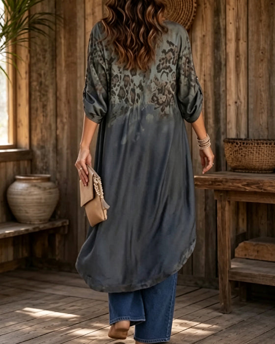 Round Neck Leopard Print Gradient Asymmetrical Blouse