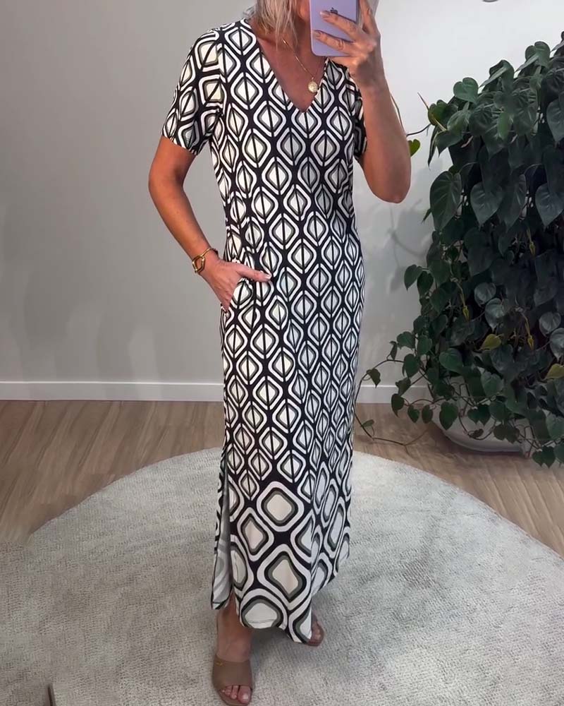 V-Neck Geometric Short-Sleeved Dress