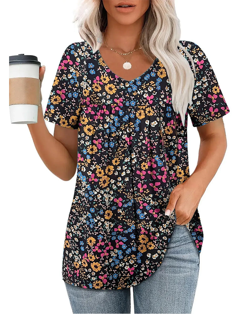 Floral V-Neck Short-Sleeved Blouse