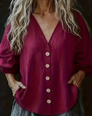 V-Neck Casual Button-Down Blouse