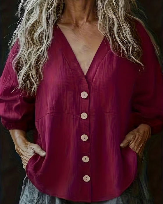 V-Neck Casual Button-Down Blouse