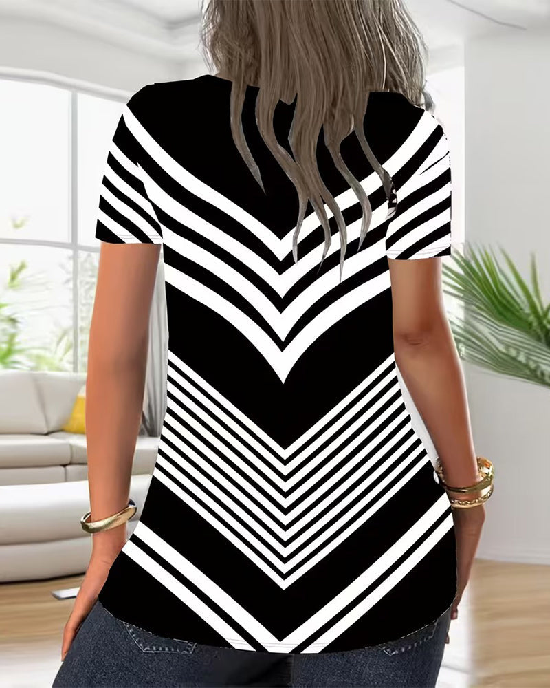 Zipper V-Neck Striped T-Shirt