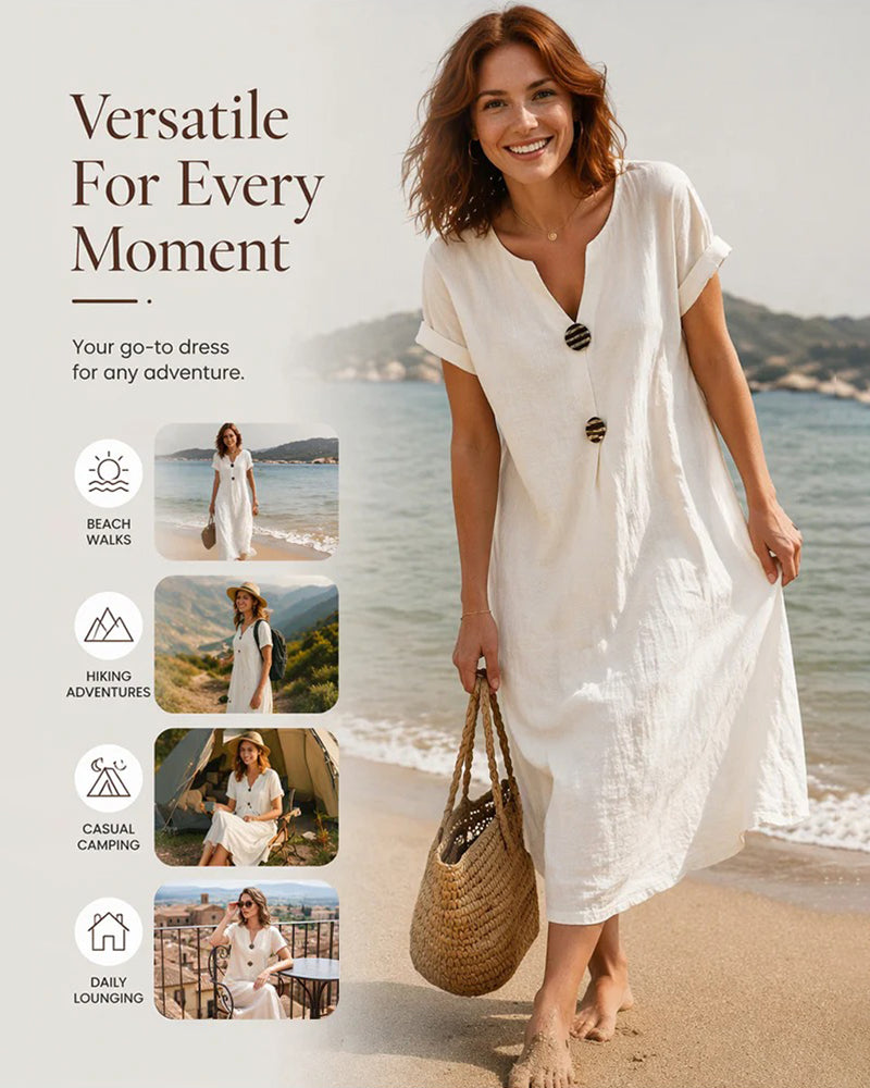 V-Neck Short-Sleeved Button-Up Shift Dress