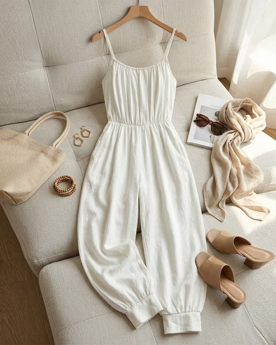 Spaghetti Strap Pleated Waist-Cinching Wide Leg Jumpsuit