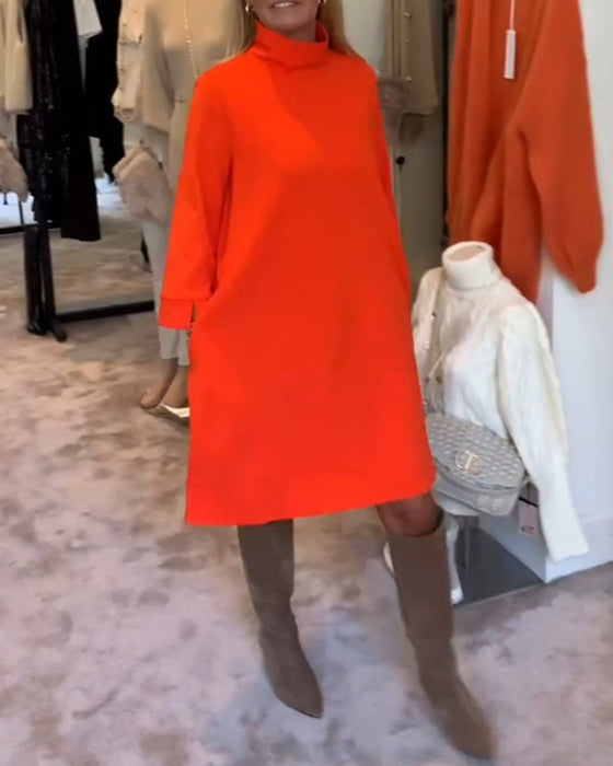 Solid color high collar casual dress