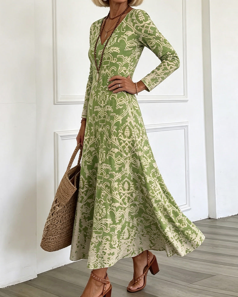 V-Neck A-Line Long Sleeve Maxi Dress