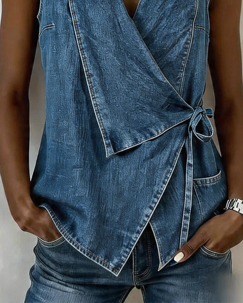 Vintage Denim Sleeveless Wrap Top
