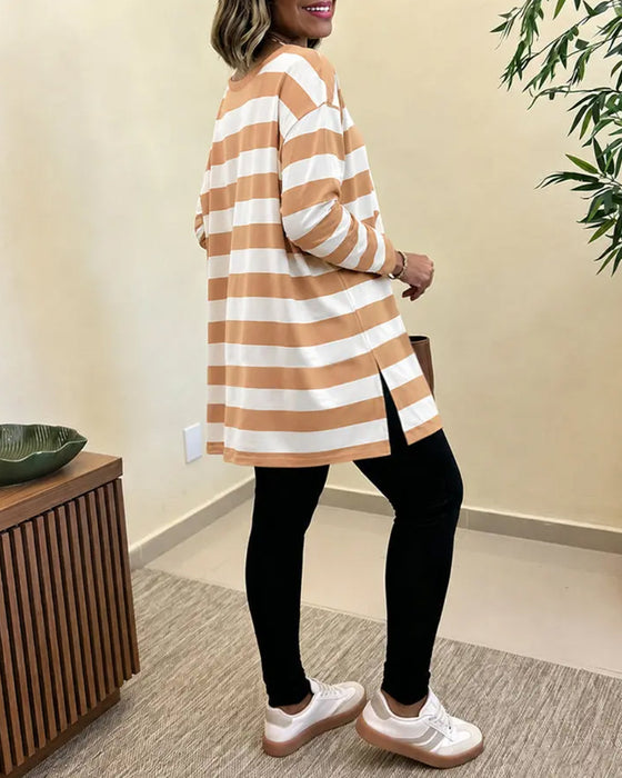 Wide Striped Crew Neck Long Sleeve Top