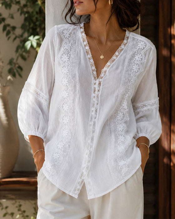 V-Neck Solid Color Blouse