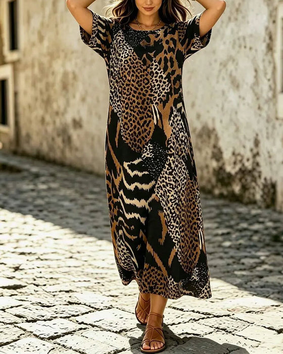 Round Neck Half Sleeve Leopard Print Flared Dress