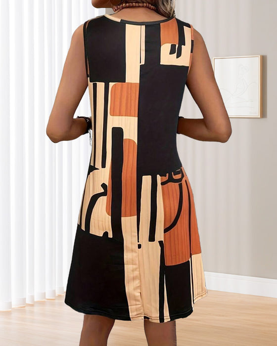 Sleeveless Crew Neck Retro Print Dress