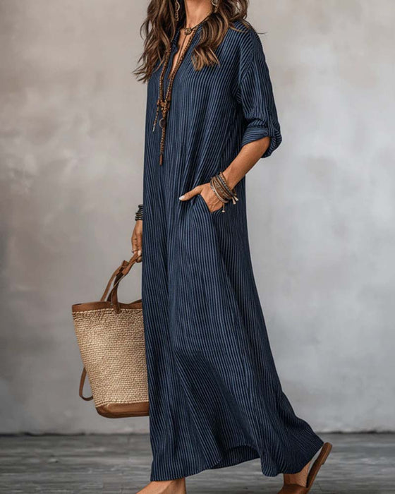 V-Neck Striped Mock Neck Dress