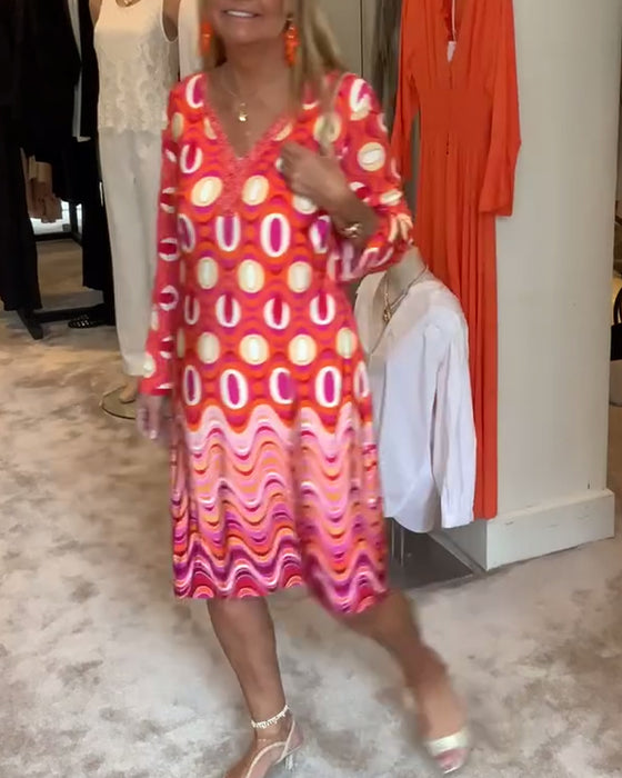 Casual loose printed V-neck long-sleeve dress