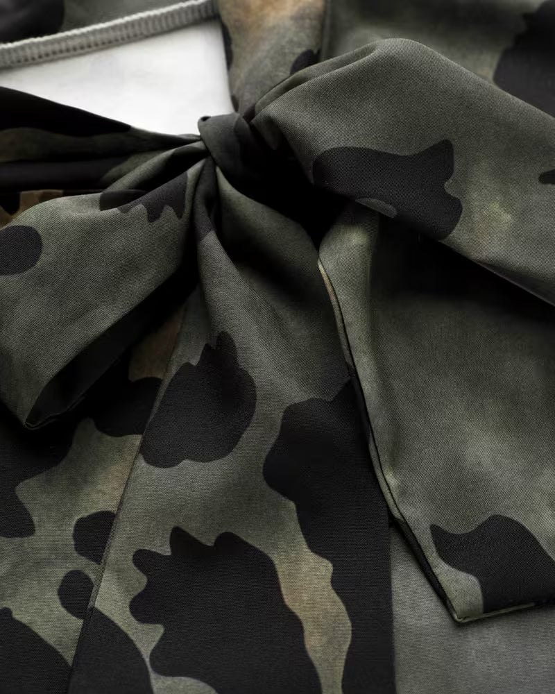 Camo Leopard Print Scarf Tie Puff Sleeve Blouse