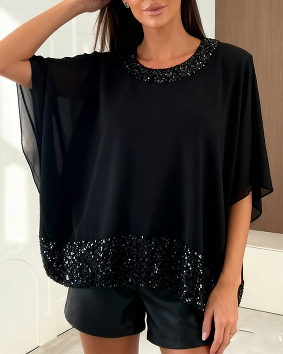 Stylish Batwing Sleeve Shimmering Blouse