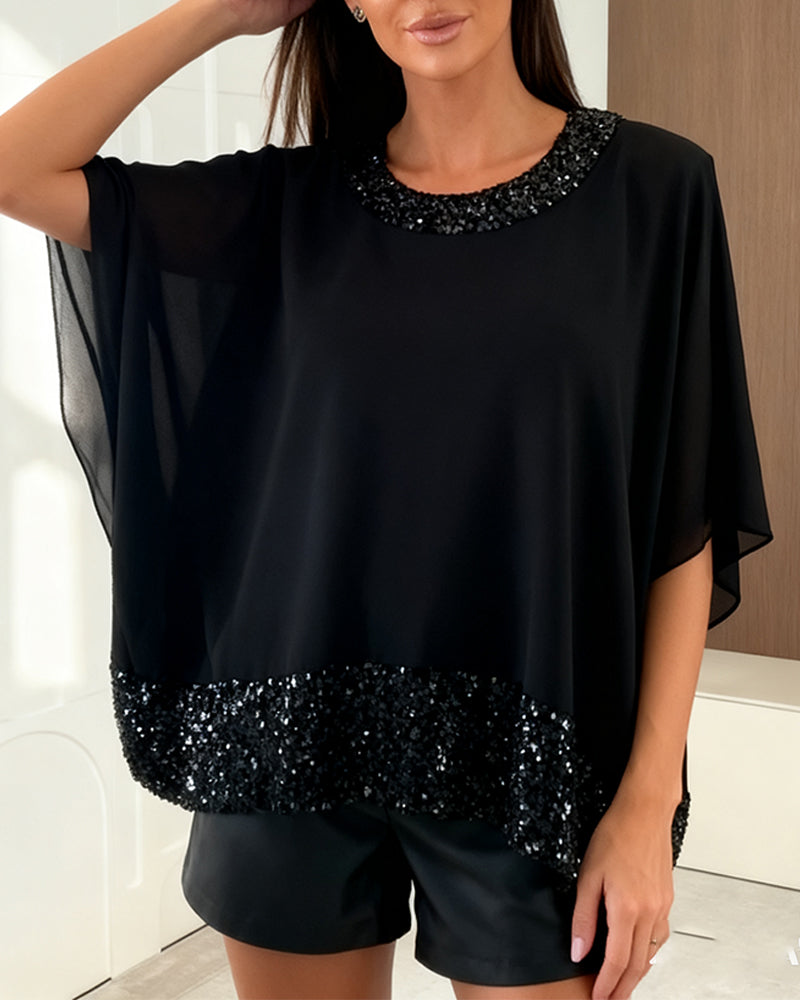 Stylish Batwing Sleeve Shimmering Blouse