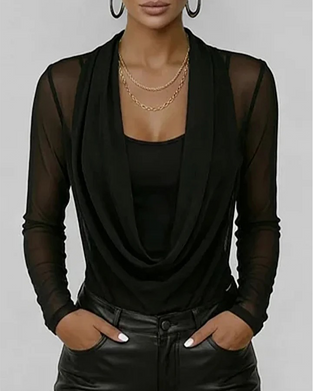 Mesh Layered Cowl Neck Long Sleeve Two-Piece Set