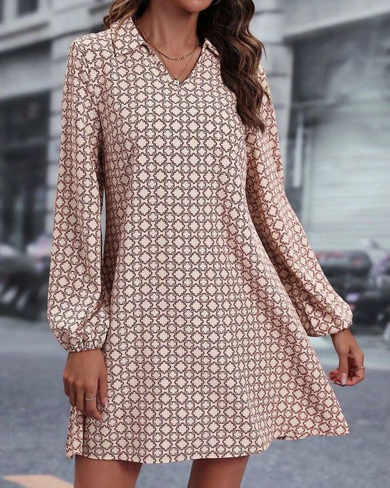 Lapel Long Sleeve Printed Dress