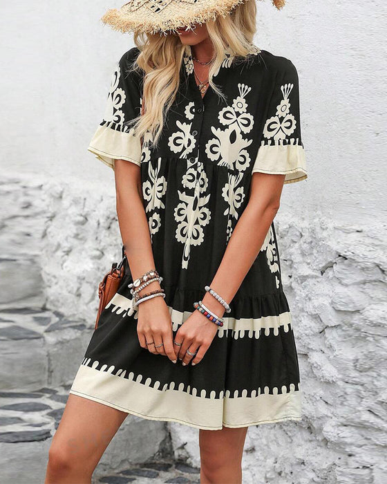Printed short sleeve button up elegant dress