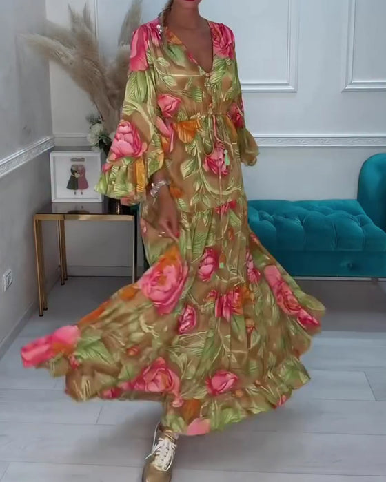 V-Neck Full Skirt Floral Dress
