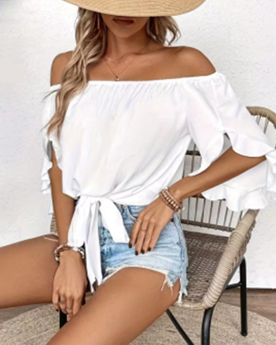 Off-Shoulder Bow Flare Sleeve Blouse