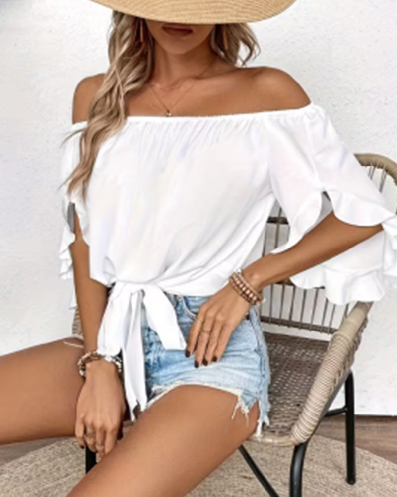 Off-Shoulder Bow Flare Sleeve Blouse