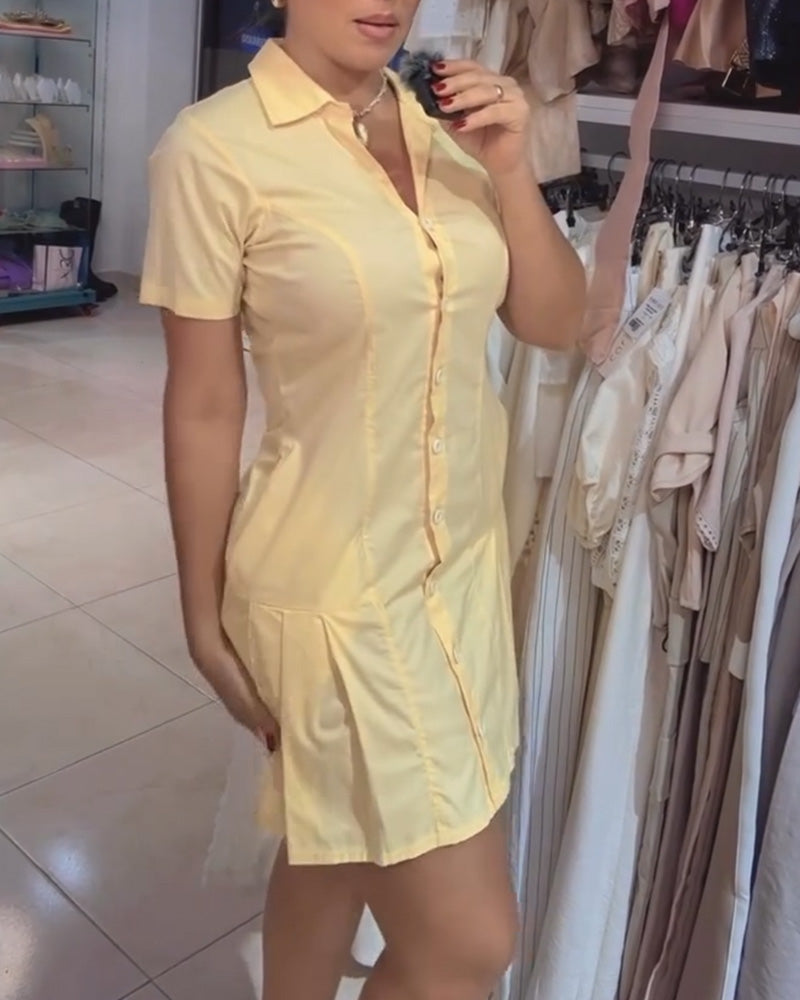 Solid Color Lapel Short Sleeve Shirt Dress