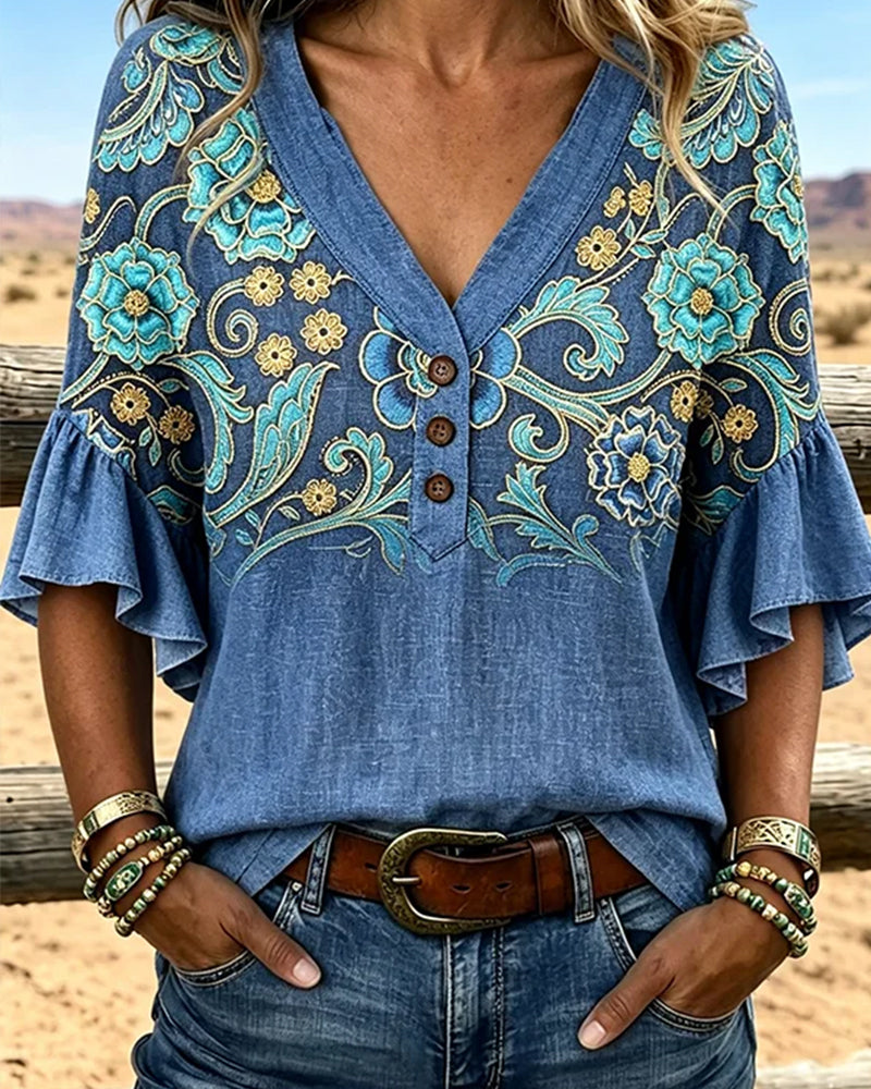 Bohemian Print V-Neck Vintage Blouse