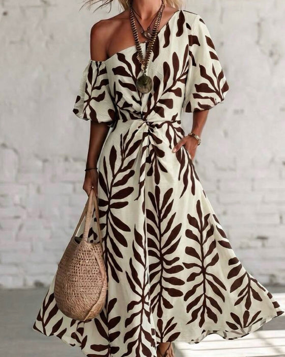 One-Shoulder Leaves Pattern Waist Dress