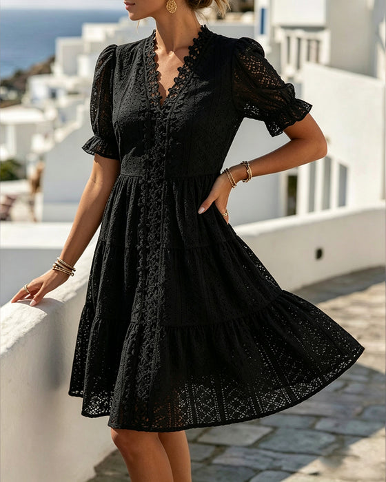 Puff Sleeve V-Neck Lace A-Line Dress