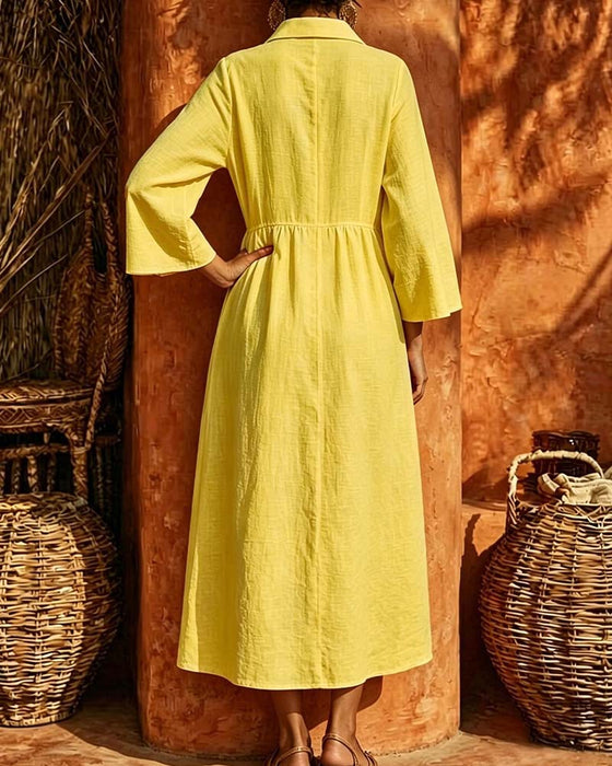 Shirt Collar Shirred Long Sleeve Dress