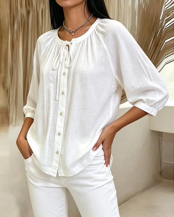 Round Neck Solid Color Blouse