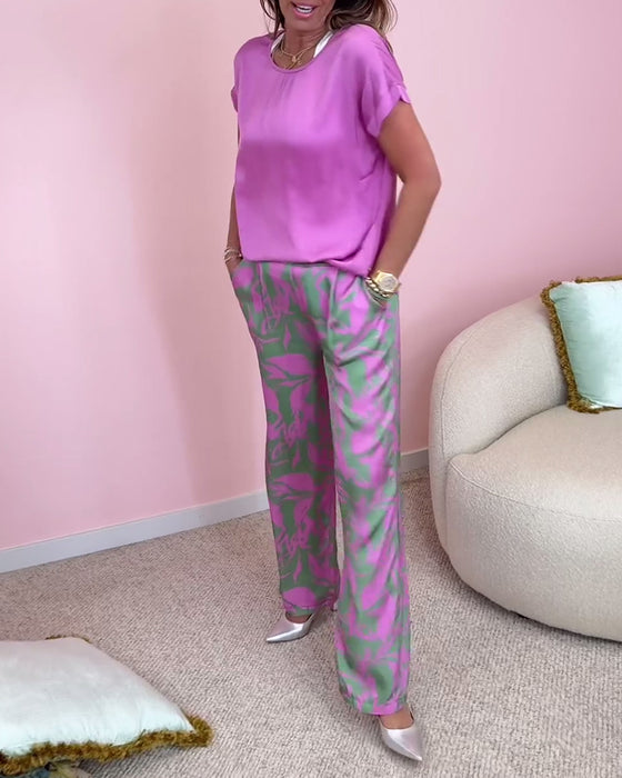 Casual printed short sleeve pocketed set