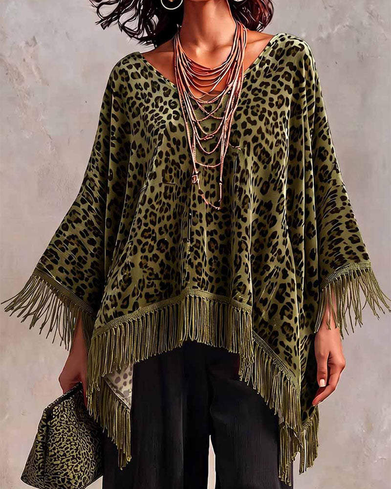 Batwing Fringe Leopard Print Loose Velvet Blouse