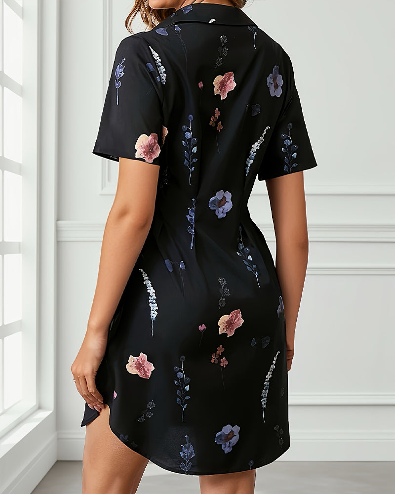 Printed Short Sleeve Lapel Dress