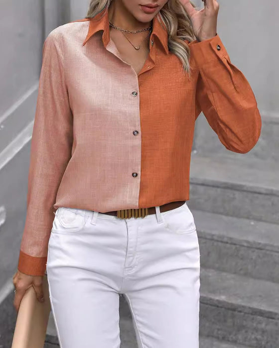 Single Breasted Colorblock Lapel Blouse
