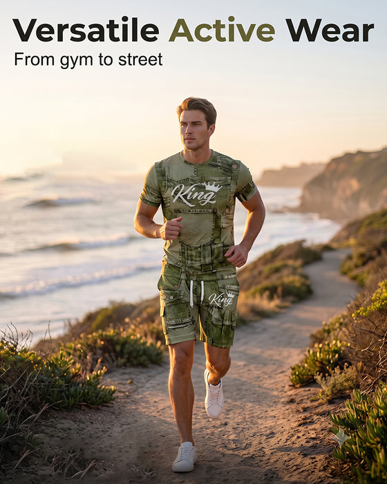 Men's Round Neck Monogram T-Shirt Drawstring Shorts Set