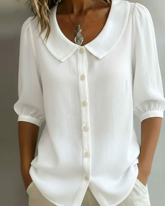 Cotton Mid-Sleeve Peter Pan Collar Shirt