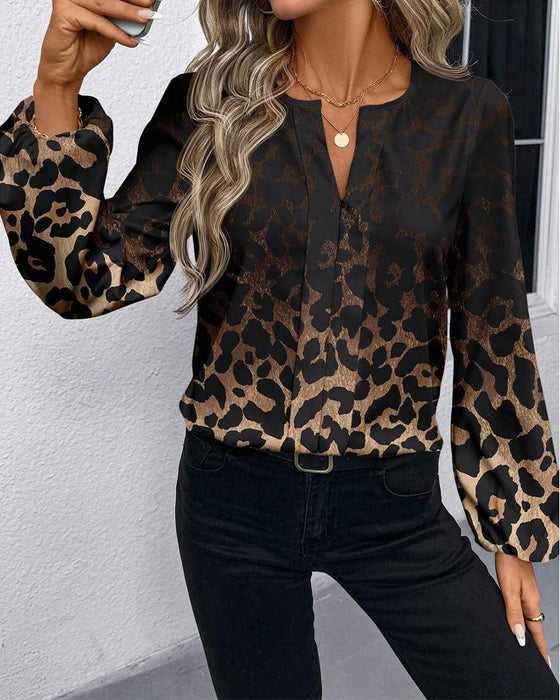 Puff-Sleeved Gradient Leopard Print Shirt
