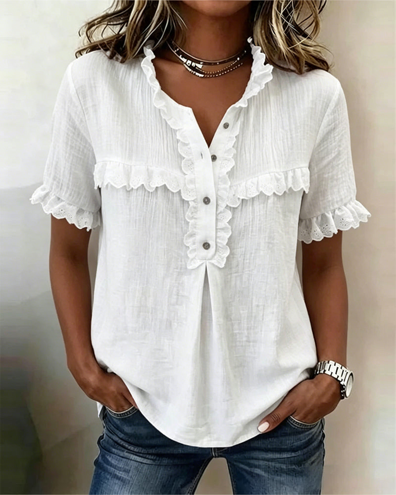 V-Neck Half Placket Blouse