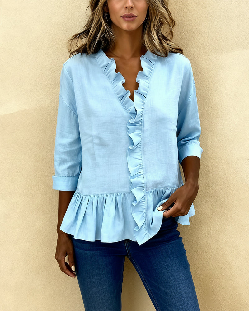 Ruffle V-Neck Lace Blouse