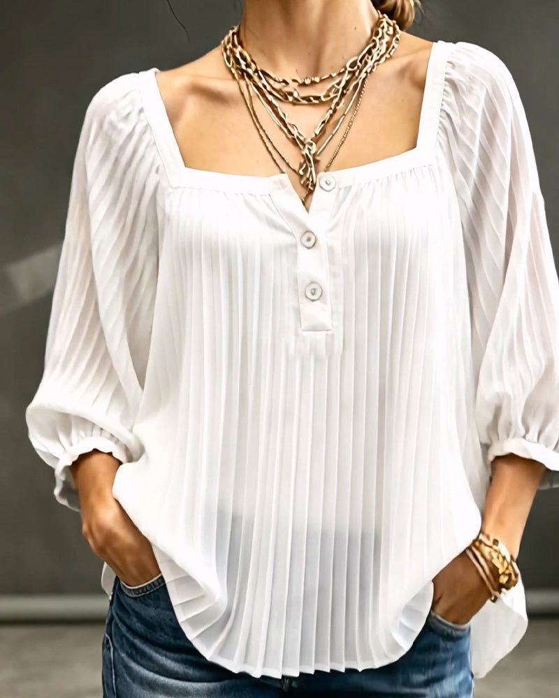 Square Neck Pleated Puff Sleeves Blouse