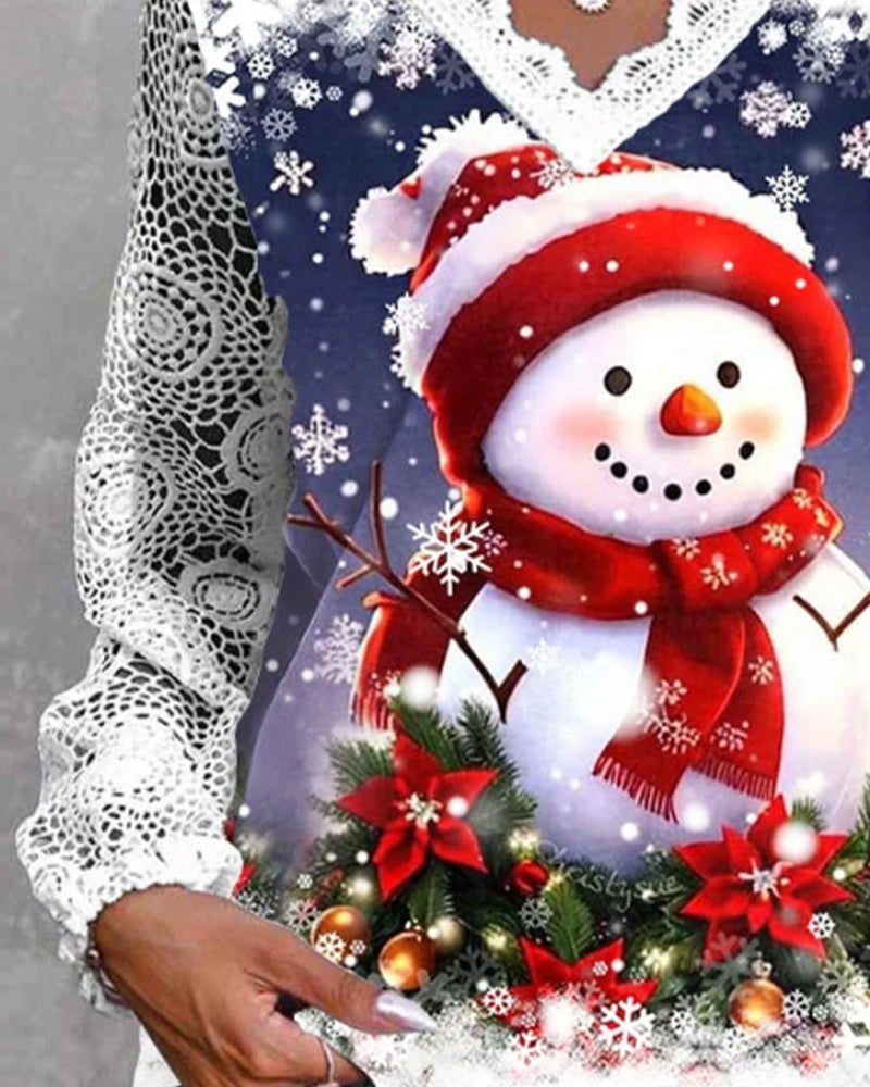 Lace Patchwork Snowman Print Top